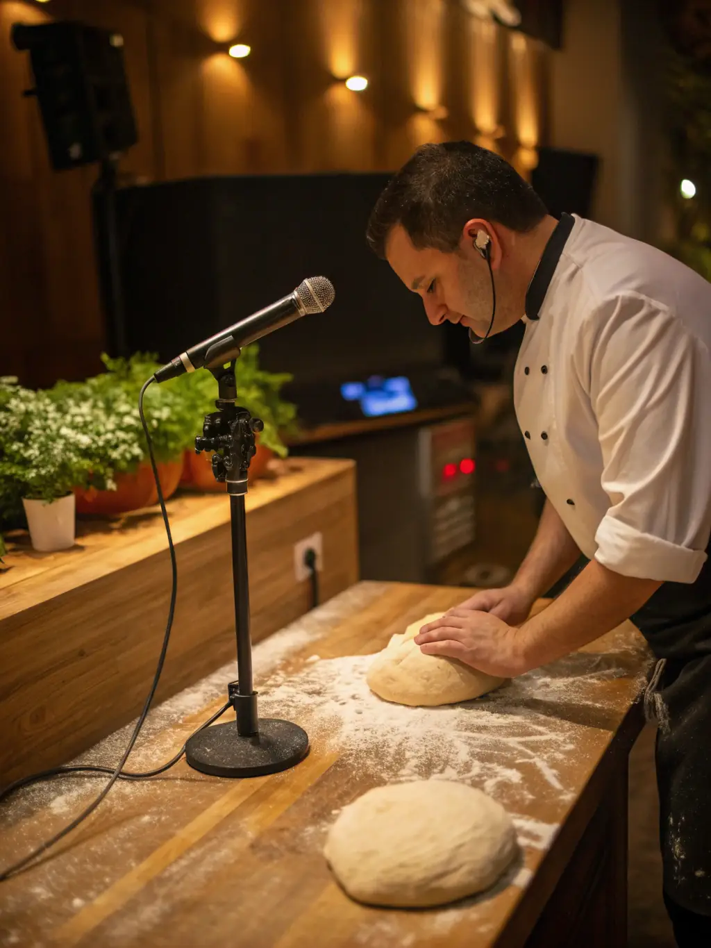 A baking scene showing banana flour being used in dough, with green bananas in the background, demonstrating the versatility of OrganicTrade's product.