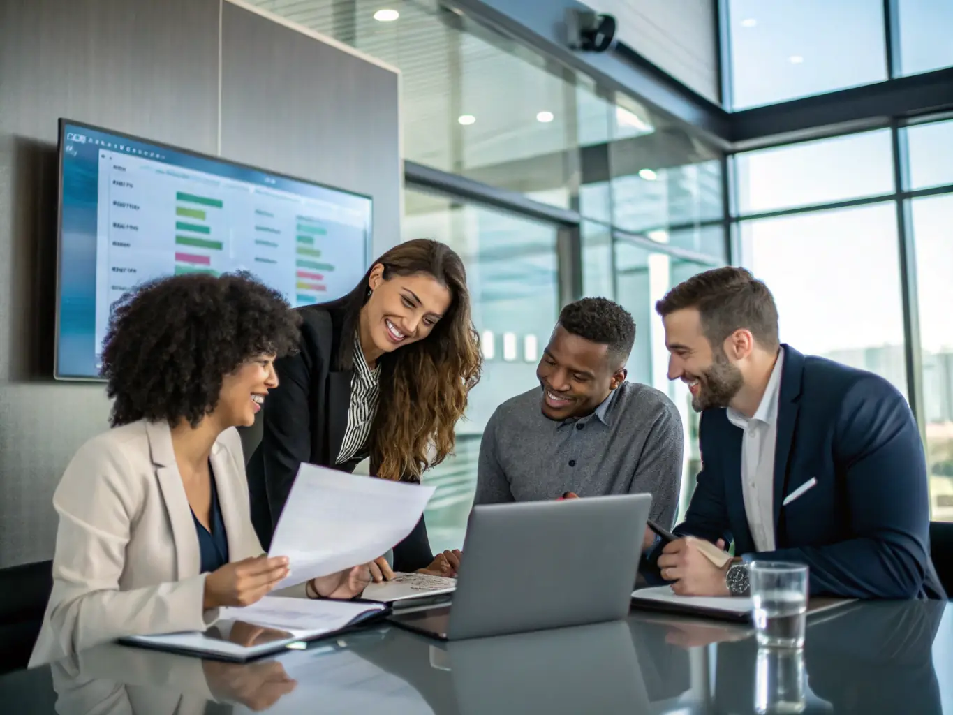 A diverse group of international business people collaborating on a custom organic product solution, with laptops and product samples on the table.