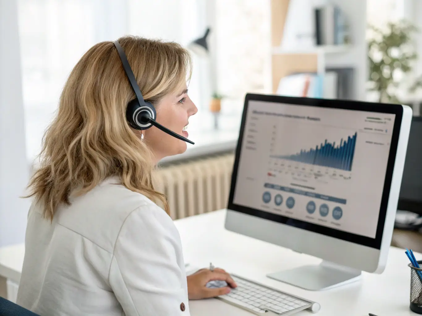 A friendly customer service representative assisting a client via video call, emphasizing OrganicTrade's dedication to customer satisfaction and personalized support.
