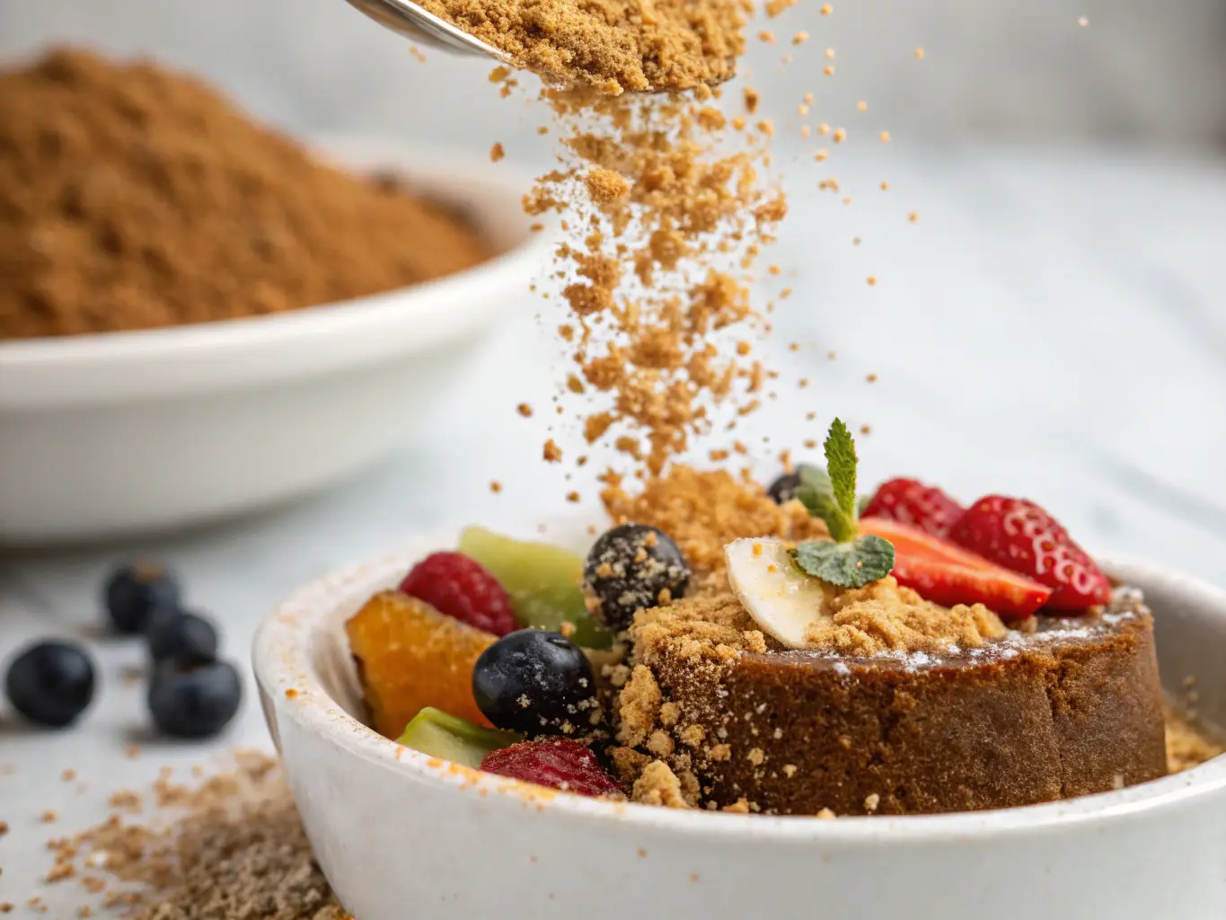 A professional shot of OrganicTrade's jaggery powder packaging, highlighting its organic certification and premium quality, set against a backdrop of lush sugarcane fields.
