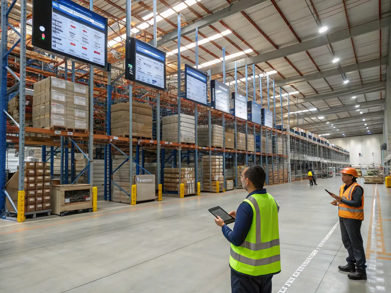A well-organized warehouse scene showcasing OrganicTrade's efficient and reliable supply chain, with pallets of packaged organic products ready for shipment.