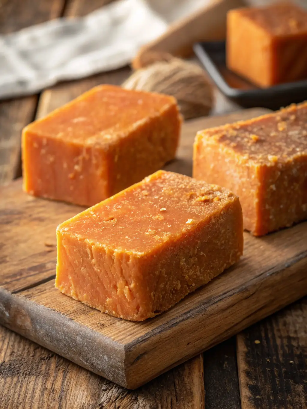 Close-up of neatly stacked organic jaggery cubes with a rustic wooden background, highlighting the convenience and quality of OrganicTrade's product.