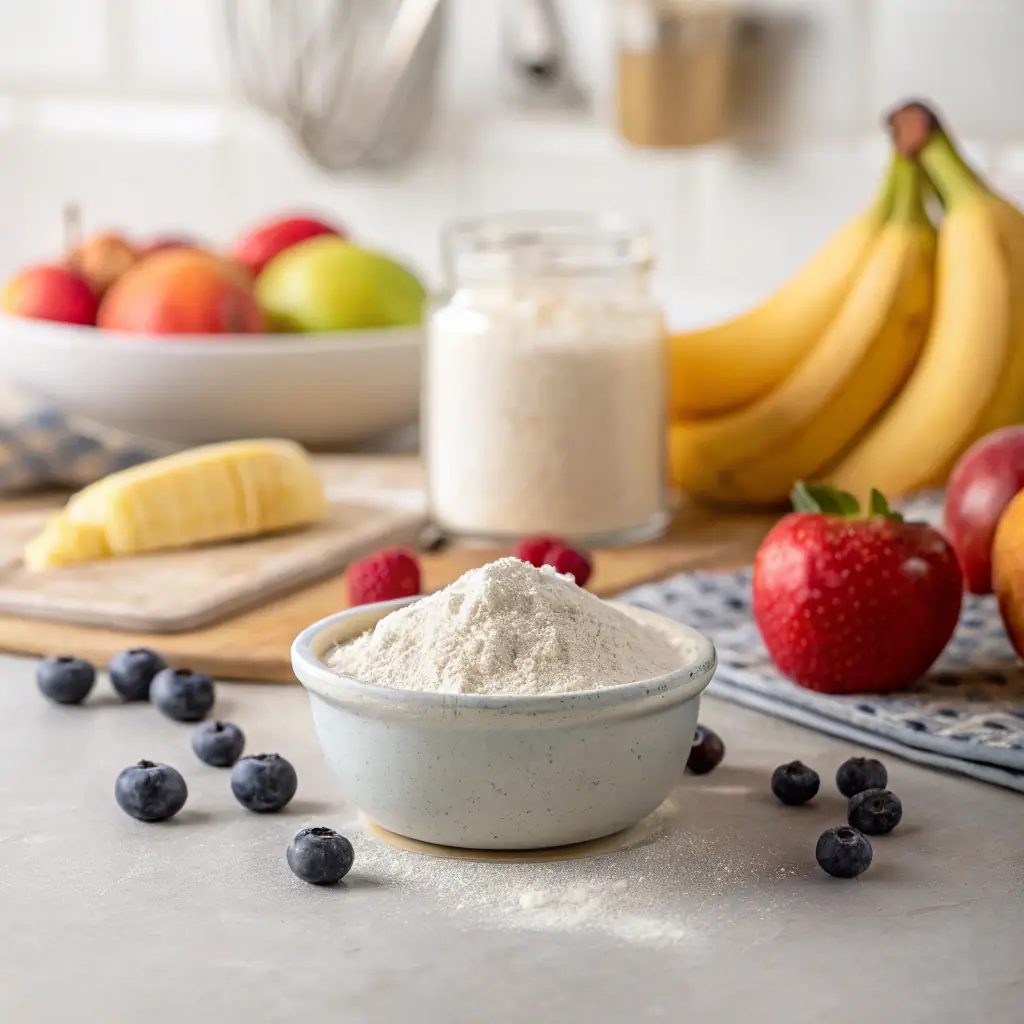Organic banana powder in a bowl, with fresh bananas in the background, emphasizing its natural origin and fine texture.