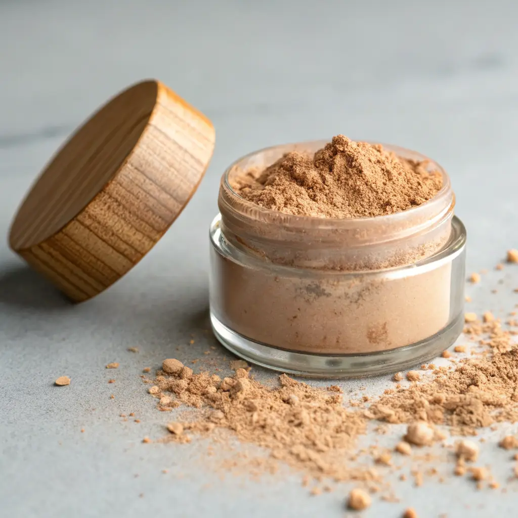 A close-up shot of organic jaggery powder in a clear glass jar, showcasing its fine texture and golden color.