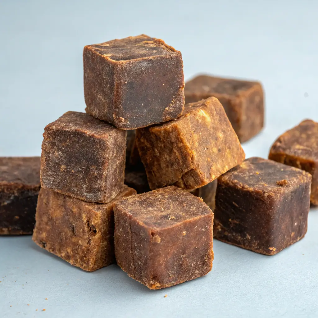 A stack of organic jaggery cubes neatly arranged on a wooden surface, highlighting their uniform shape and rich color.