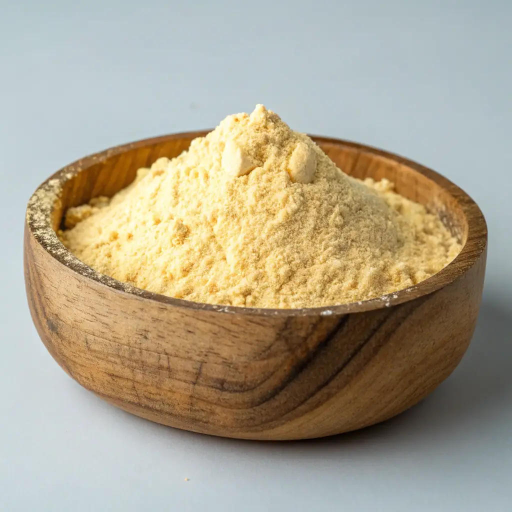 Organic banana flour in a rustic bowl, with green bananas nearby, showcasing its natural and gluten-free qualities.